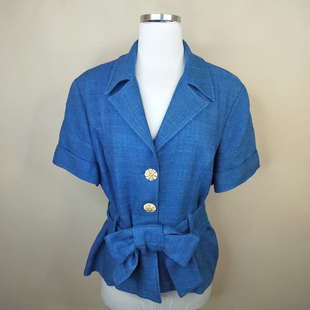 Suite 7 Silk Blazer Jacket Size 16 Belted Short Sleeve Blue Woven